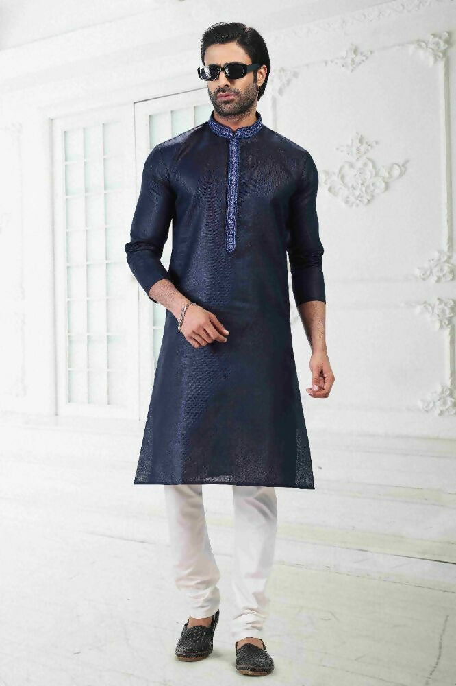 Raivat Ethnic Linen Cotton Thread Work Kurta Pajama In Blue Colour - Dista