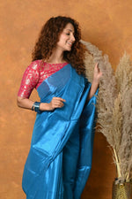 Thumbnail for Very Much Indian Fusion Cotton Tissue Shimmer Saree - Light Blue - Distacart