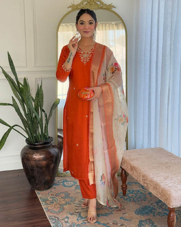 Dwija Fashion Embroidered Kurti With Pant And Duppata Set-Orange Rust - Dista