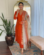 Thumbnail for Dwija Fashion Embroidered Kurti With Pant And Duppata Set-Orange Rust
