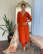 Thumbnail for Dwija Fashion Embroidered Kurti With Pant And Duppata Set-Orange Rust