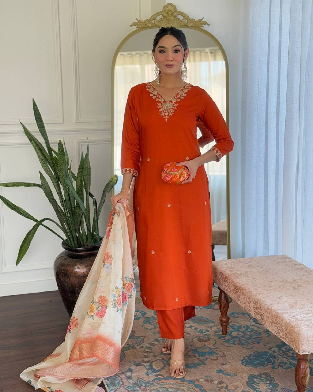 Dwija Fashion A-line Kurta Silk Blend Rust Orange Kurta Set With Pant And Dupatta - Dista