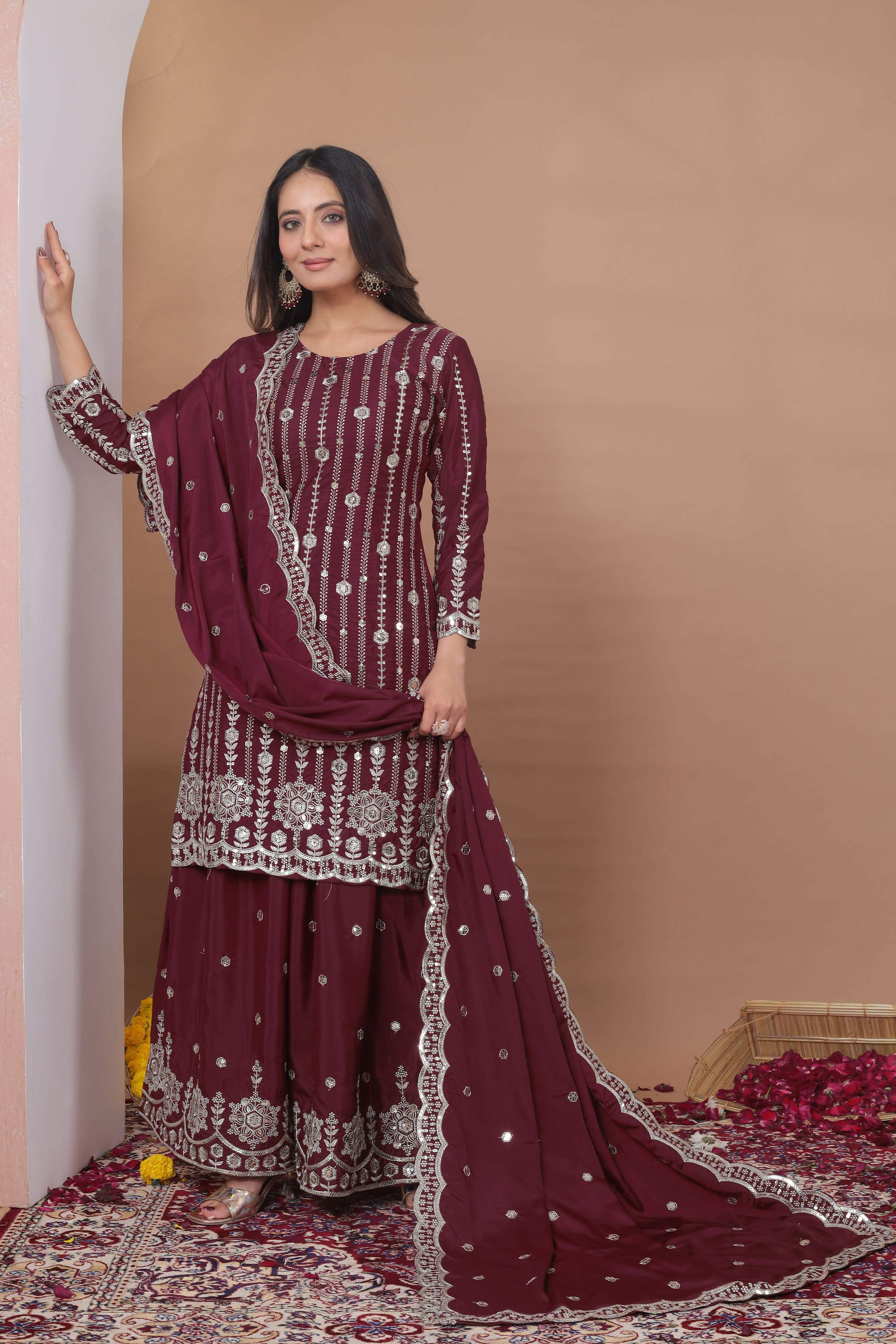 The52 Women's Gorgeous Embroidery Work Natural Crepe Fabric Straight Kurta Sharara and Dupatta Set-Maroon