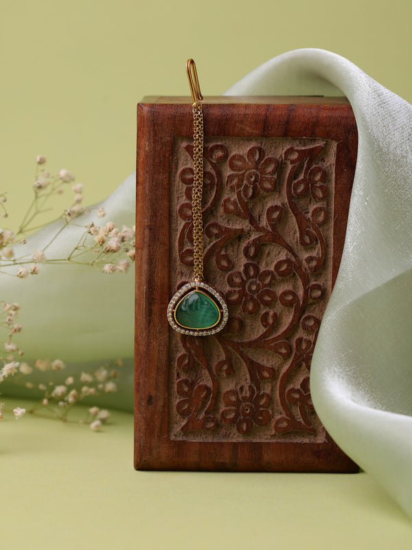 Ruby Raang Gold Polished Green Stone Kundan Maang Tikka