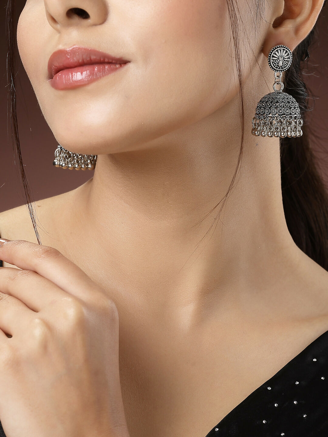NVR Women's Silver-Toned German Silver Oxidised Dome Shaped Jhumka Earrings - Distacart