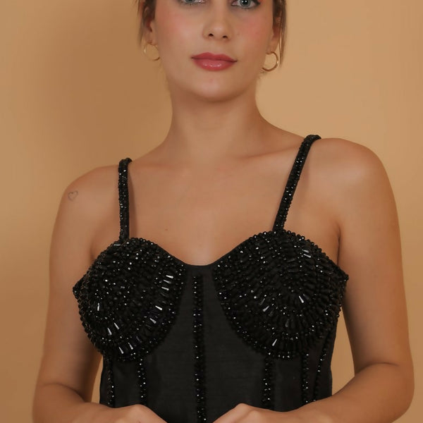 Joban Fashion Silk Pearl And Beads Hand Embroidery Padded Blouse - Black