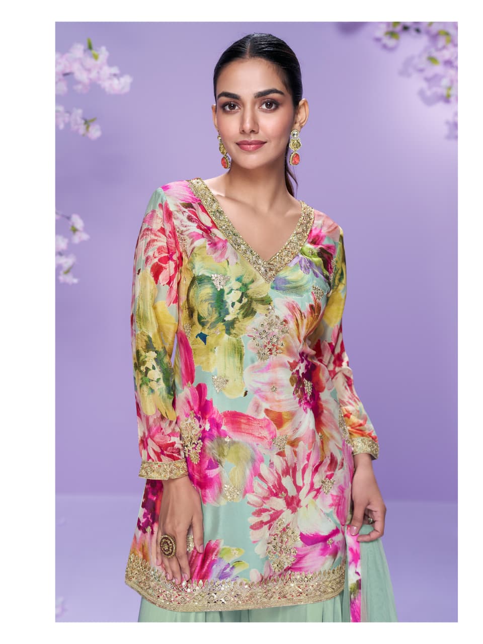 Aarshi Fashions Mint Green Floral Print Full Stitched Palazzo Suits - Distacart