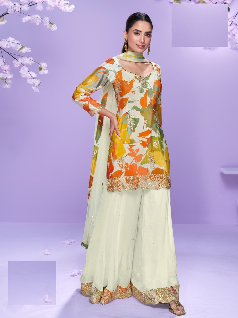 Aarshi Fashions White Floral Print Full Stitched Palazzo Suits - Distacart
