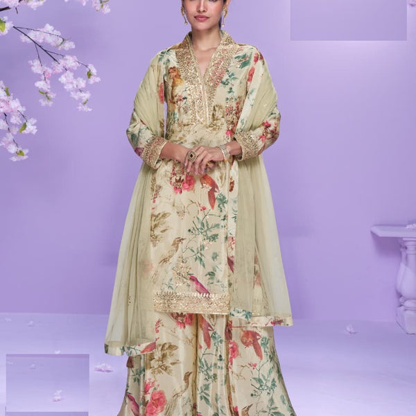 Aarshi Fashions Pale Yellow Floral Print Full Stitched Palazzo Suits - Distacart