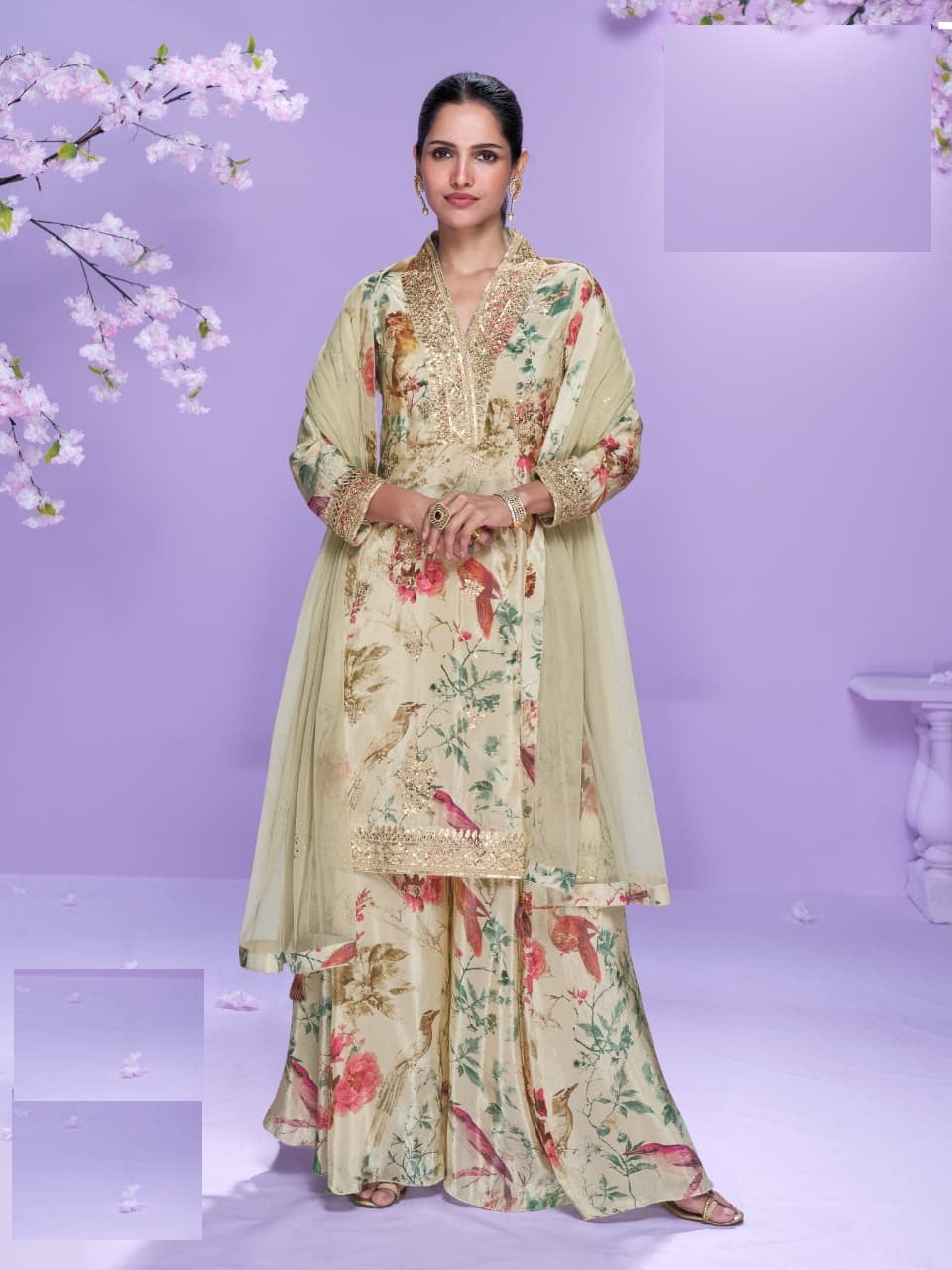Aarshi Fashions Pale Yellow Floral Print Full Stitched Palazzo Suits - Distacart