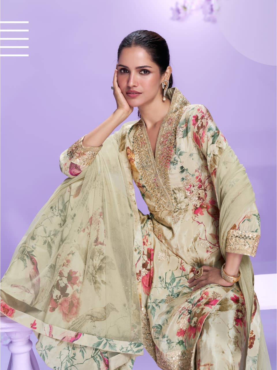 Aarshi Fashions Pale Yellow Floral Print Full Stitched Palazzo Suits - Distacart
