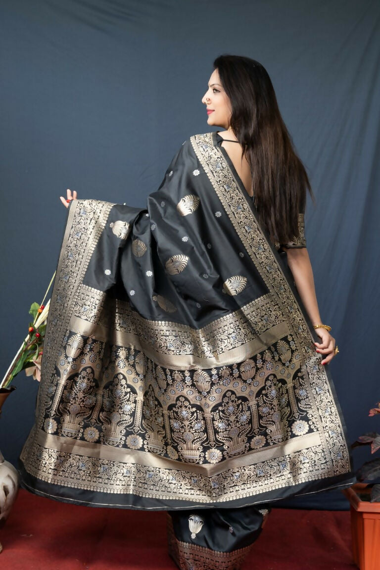 Jyoti Fashion Women's Black Paithani Silk Zari Woven Saree with Blouse - Distacart