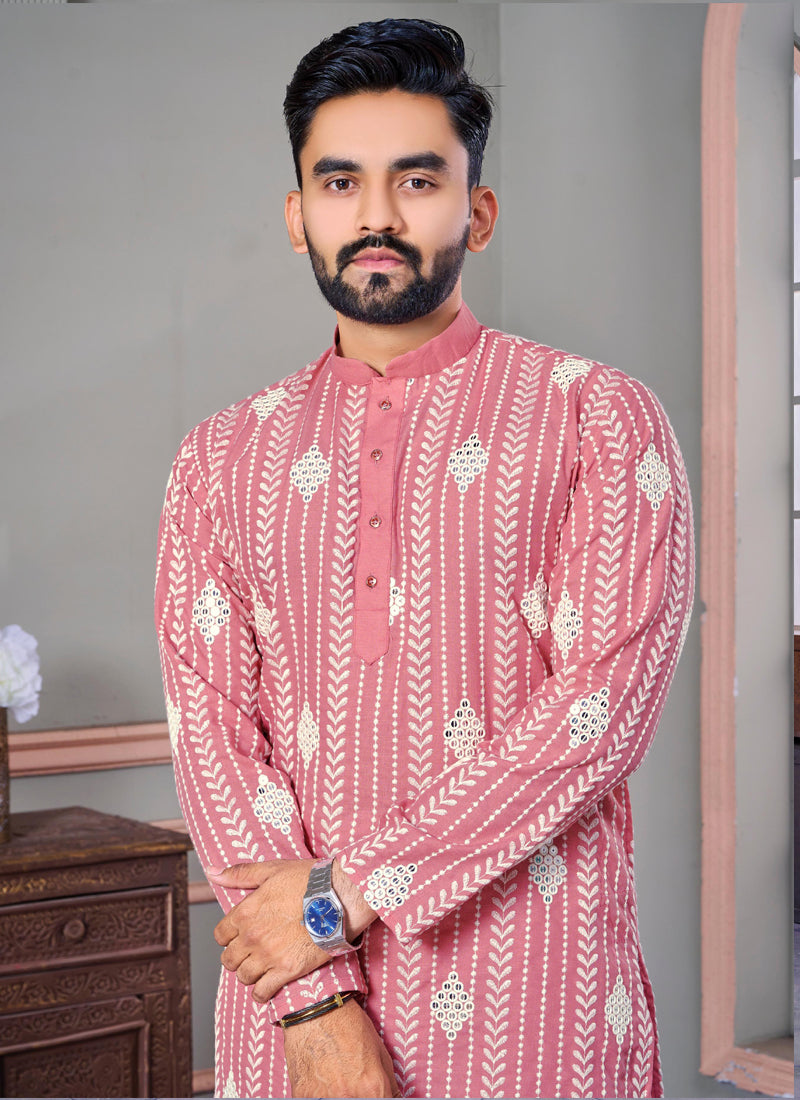 Prazu Fashion Baby Pink Linen Embroidered Kurta