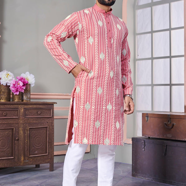 Prazu Fashion Baby Pink Linen Embroidered Kurta - Distacart
