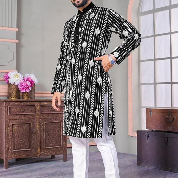 Prazu Fashion Black Linen Embroidered Kurta
