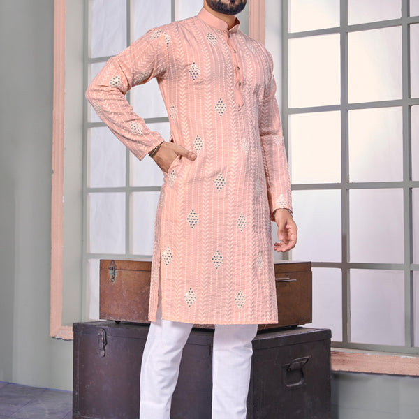 Prazu Fashion Light Peach Linen Embroidered Kurta