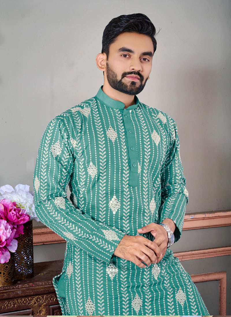 Prazu Fashion See Green Linen Embroidered Kurta