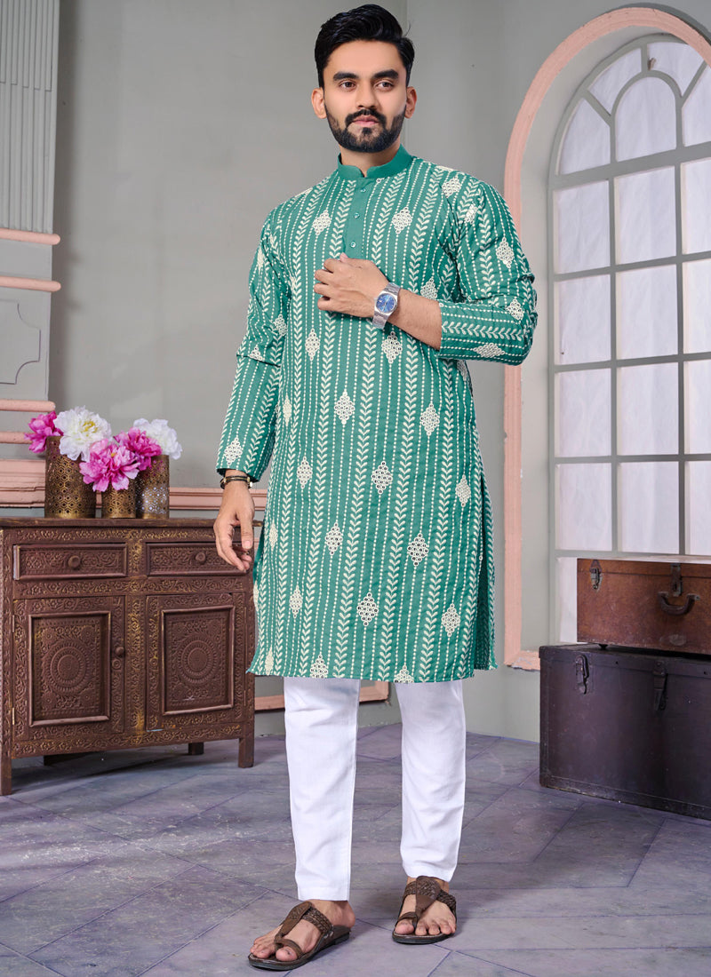 Prazu Fashion See Green Linen Embroidered Kurta