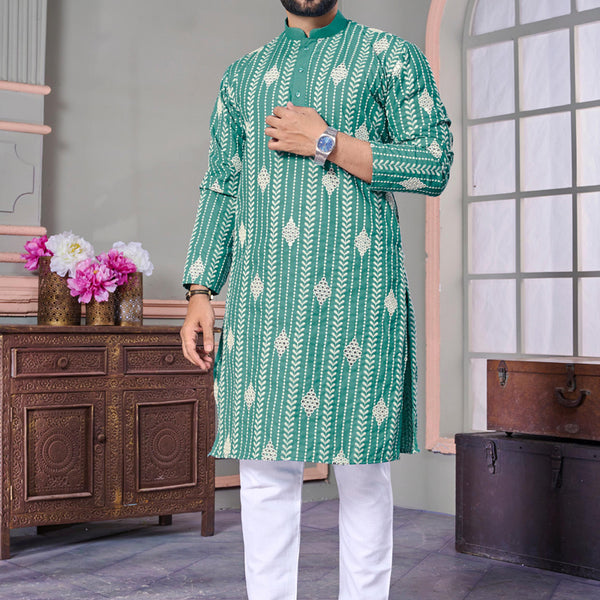 Prazu Fashion See Green Linen Embroidered Kurta