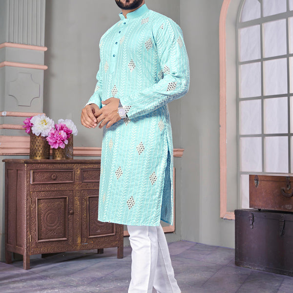 Prazu Fashion Sky Blue Linen Embroidered Kurta