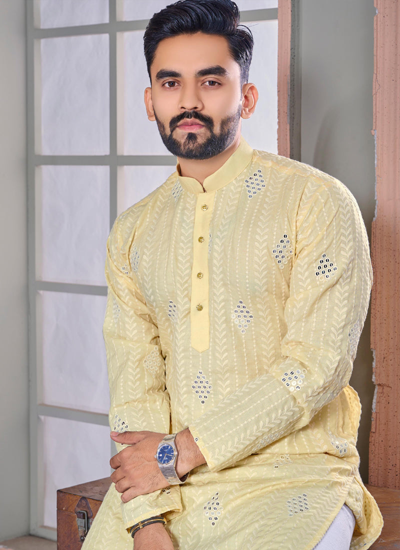 Prazu Fashion Yellow Linen Embroidered Kurta