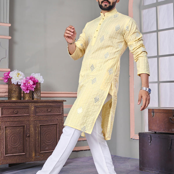 Prazu Fashion Yellow Linen Embroidered Kurta