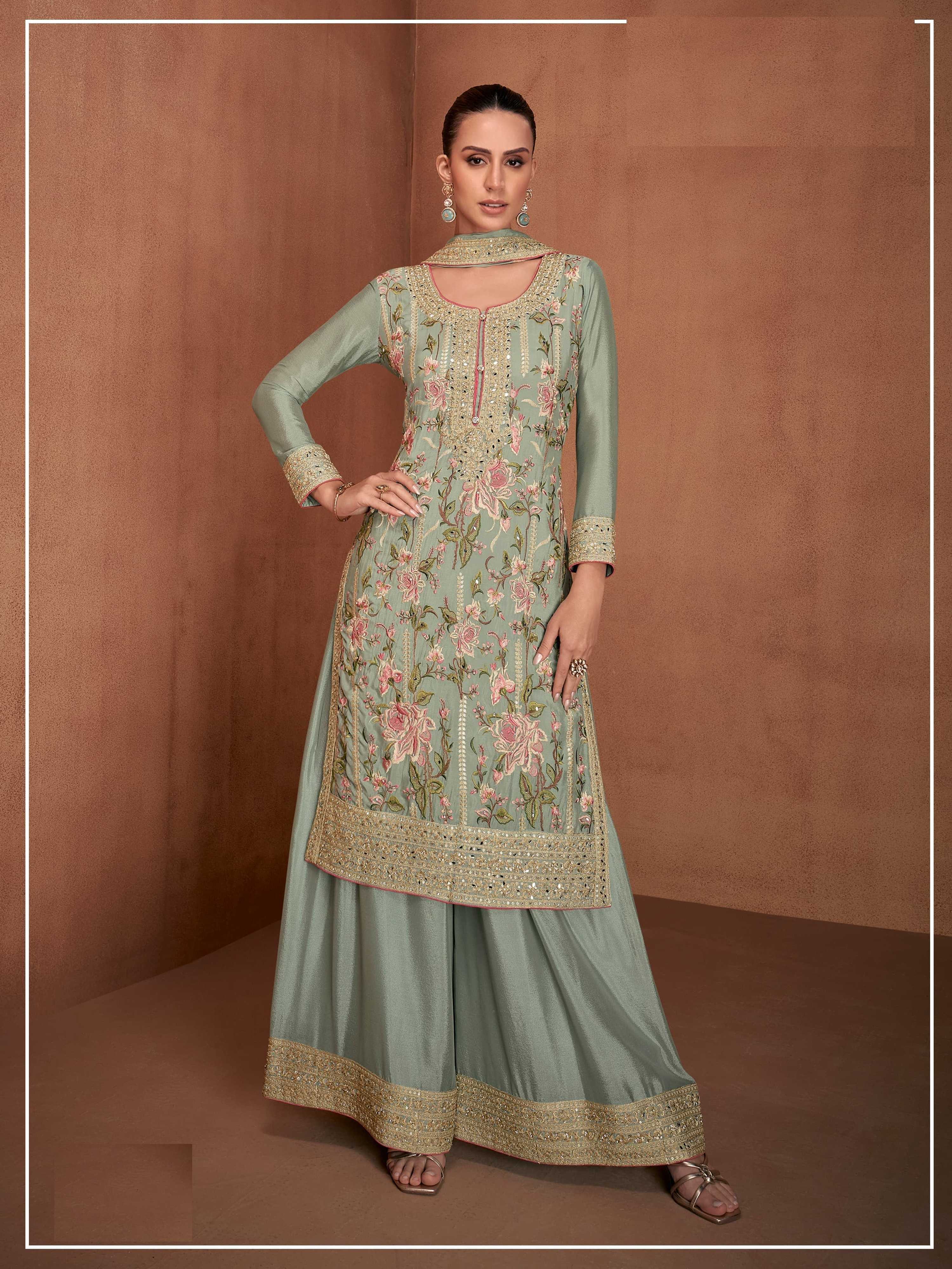 Aarshi Fashions Light Green Chinon Heavy Embroidery Wedding Palazzo Salwar Suit