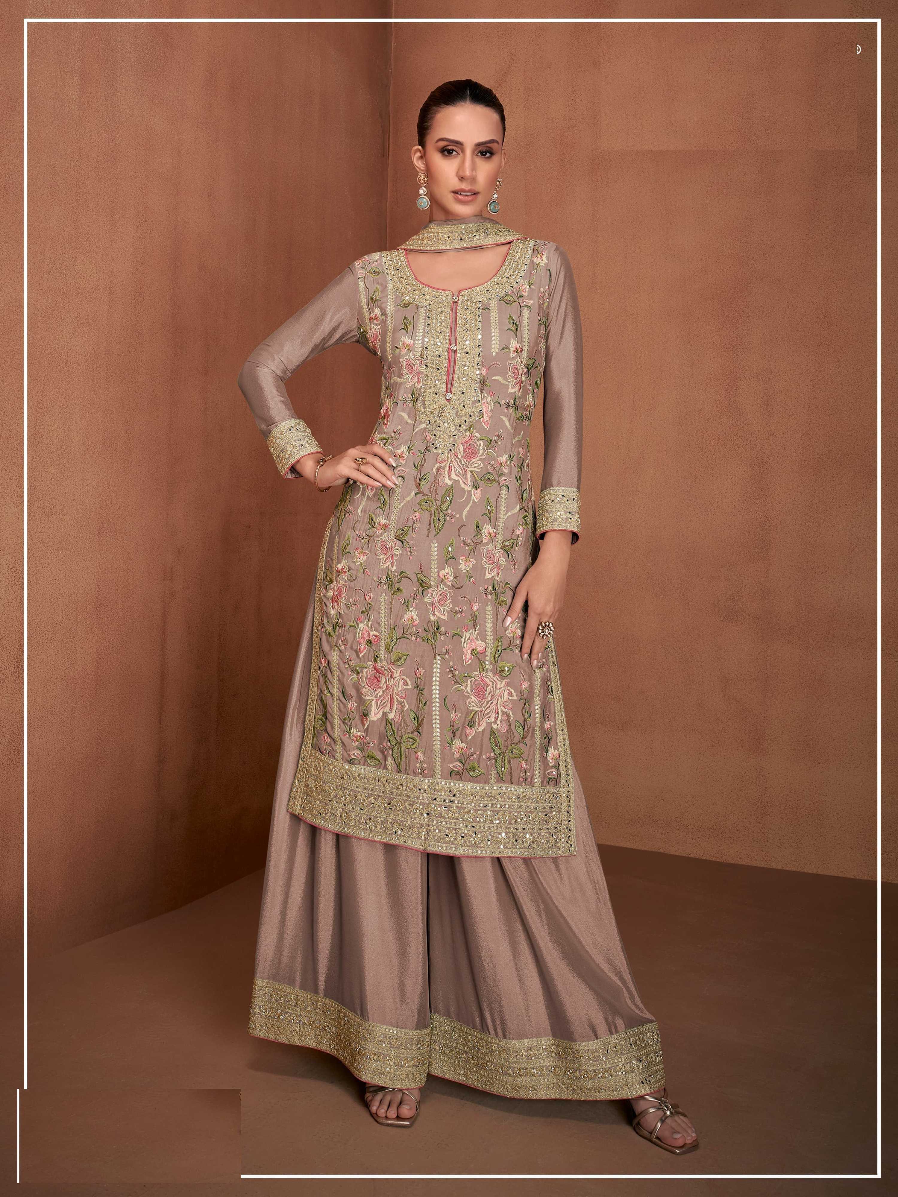 Aarshi Fashions Lavender Chinon Heavy Embroidery Wedding Palazzo Salwar Suit