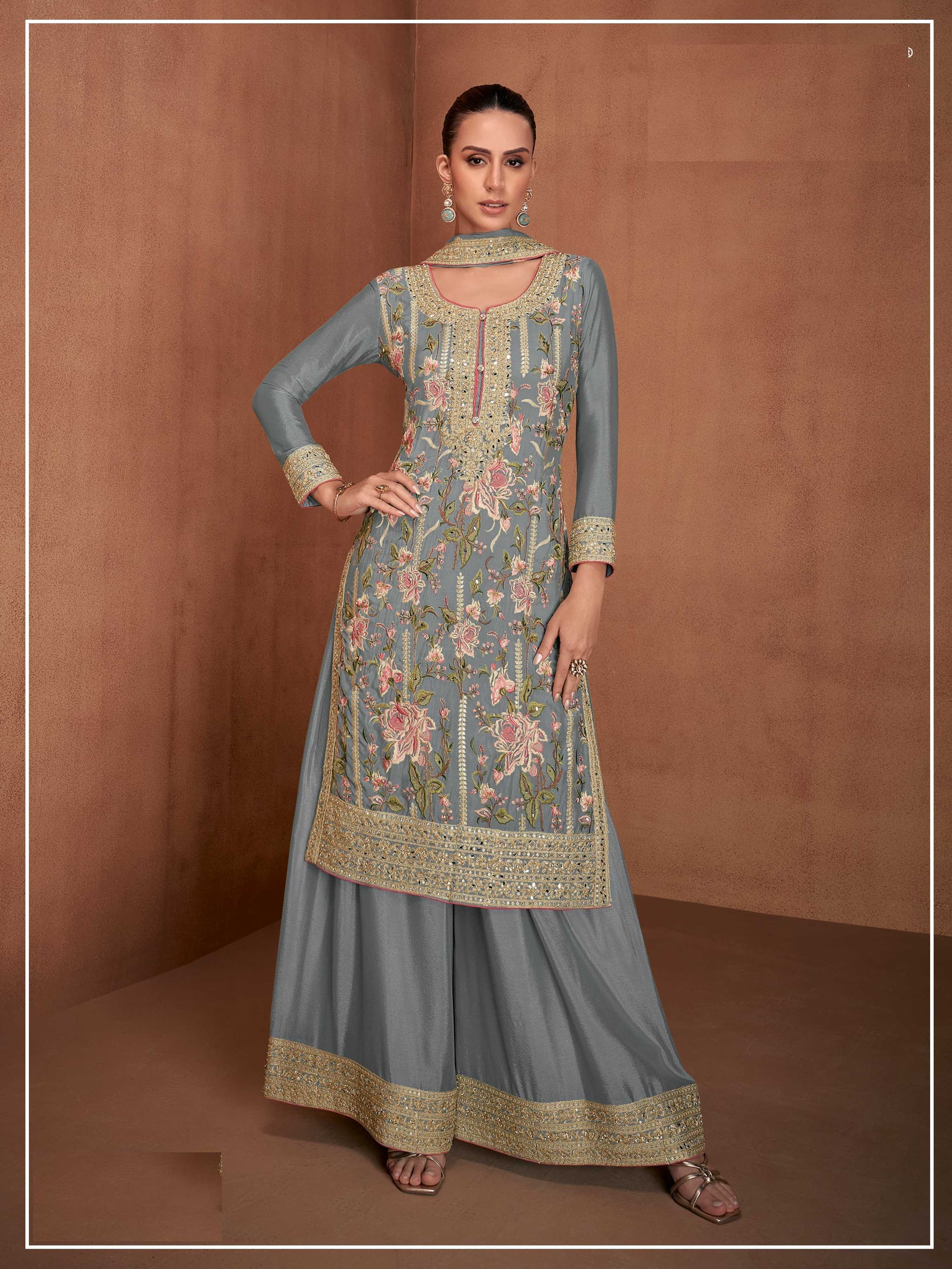 Aarshi Fashions Light blue Chinon Heavy Embroidery Wedding Palazzo Salwar Suit