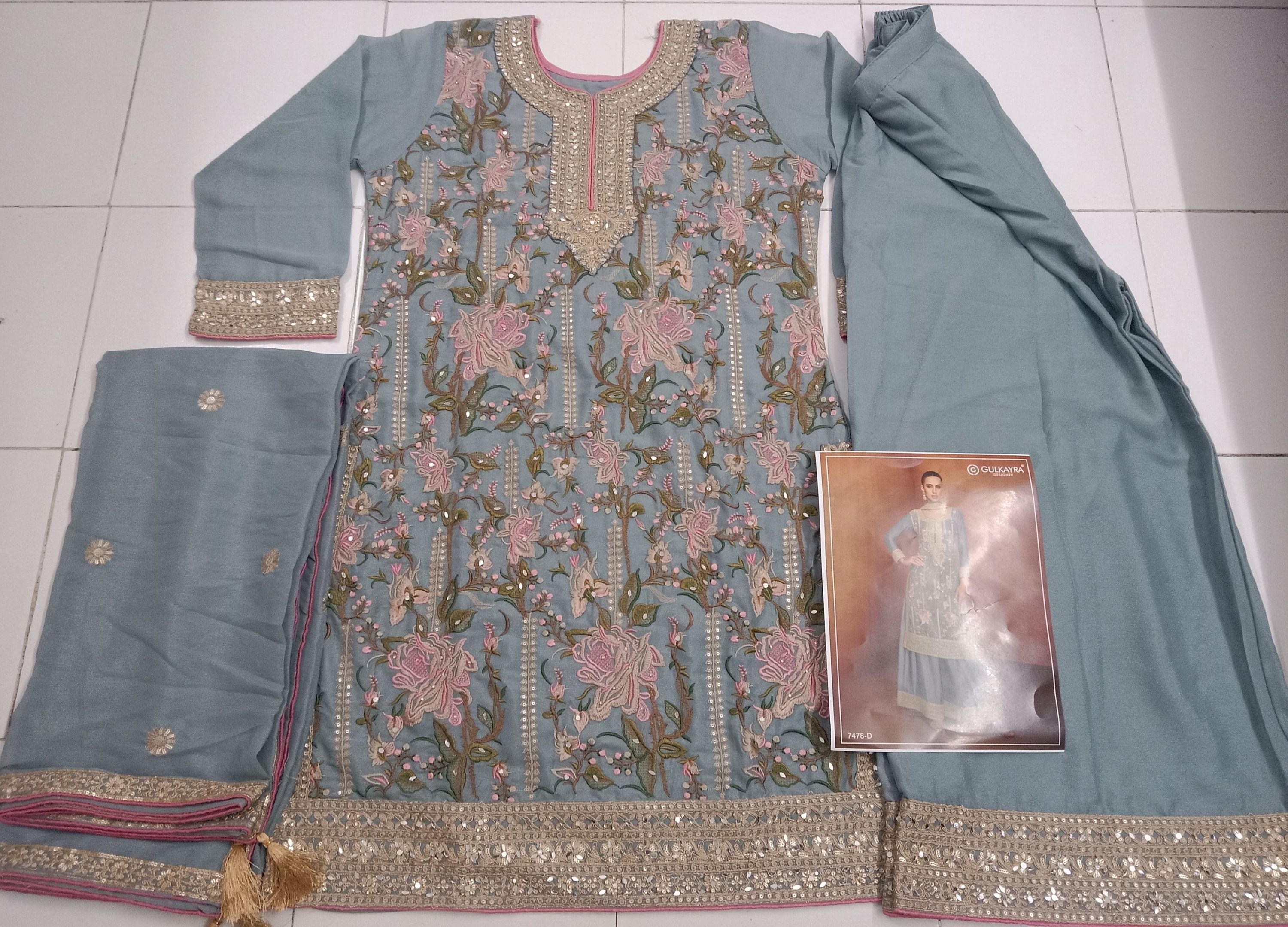 Aarshi Fashions Light blue Chinon Heavy Embroidery Wedding Palazzo Salwar Suit