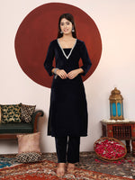 Thumbnail for Varanga Women V Neck Lace Detailed Velvet Kurta With Tonal Bottom - Distacart