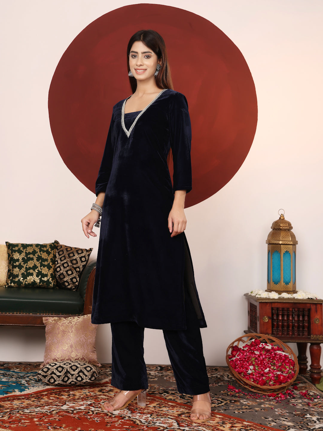 Varanga Women V Neck Lace Detailed Velvet Kurta With Tonal Bottom - Distacart