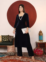 Thumbnail for Varanga Women V Neck Lace Detailed Velvet Kurta With Tonal Bottom - Distacart