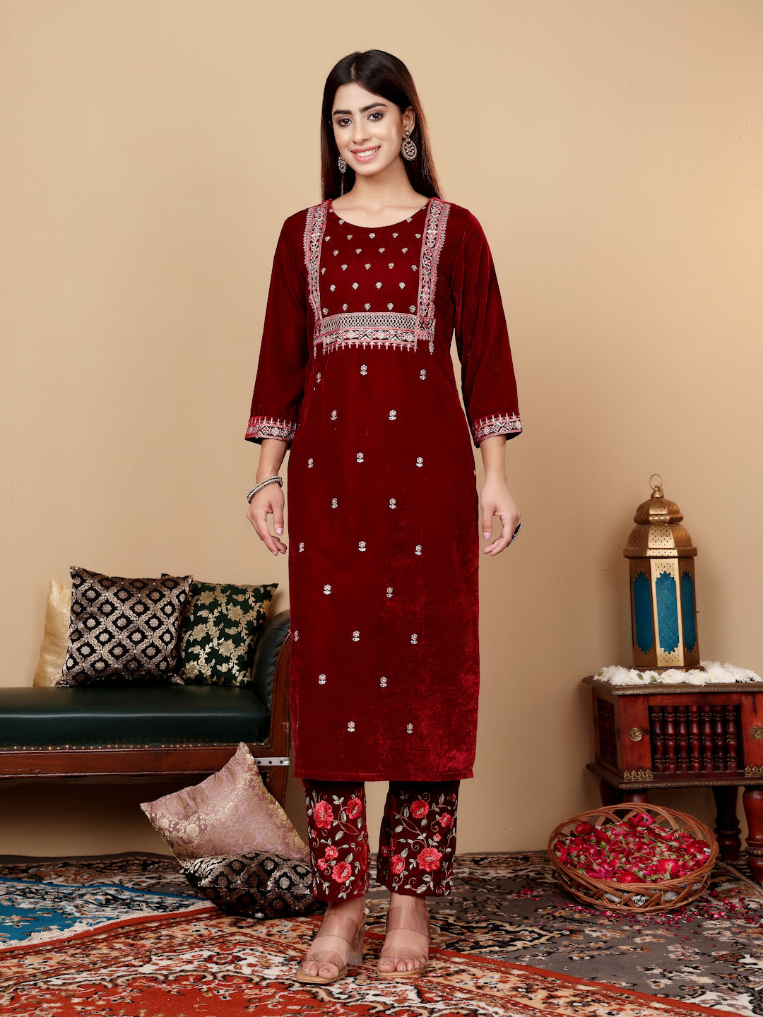 Varanga Women Maroon Velvet Thread Embroidered Straight Kurta With Trousers And Fringed Velvet Dupatta - Distacart