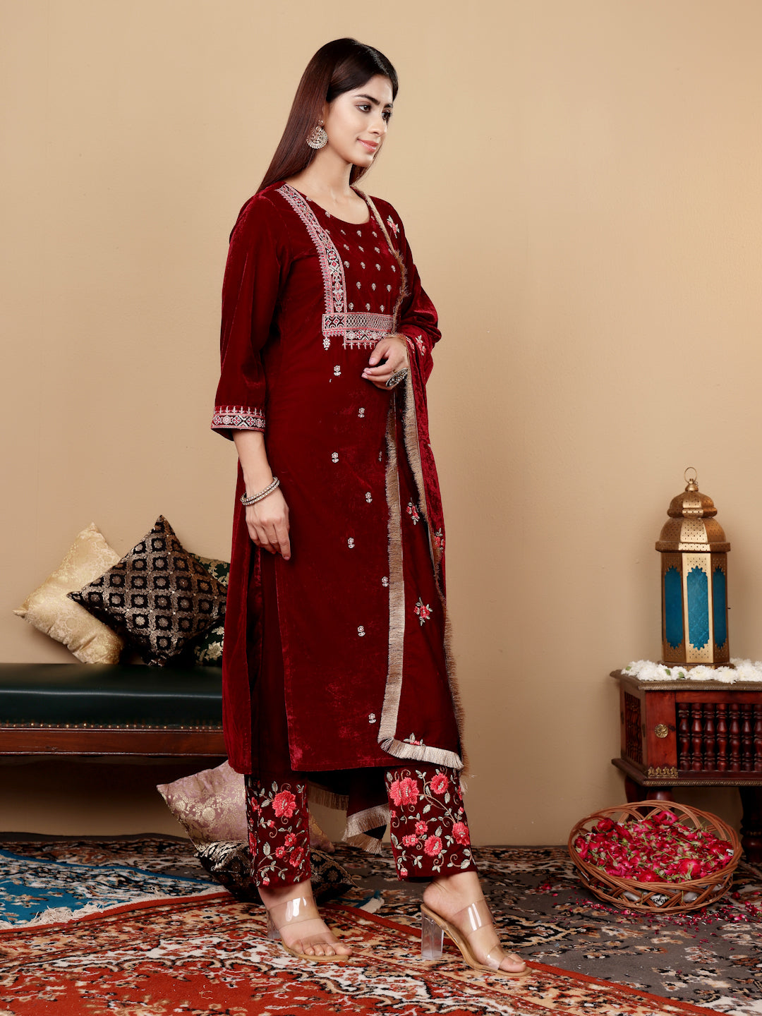 Varanga Women Maroon Velvet Thread Embroidered Straight Kurta With Trousers And Fringed Velvet Dupatta - Distacart