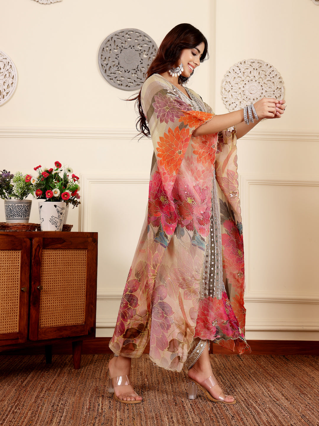 Varanga Women Green Colored Pure Silke Gotta And Mirror Embellished Kaftan With Tulip Pants - Distacart