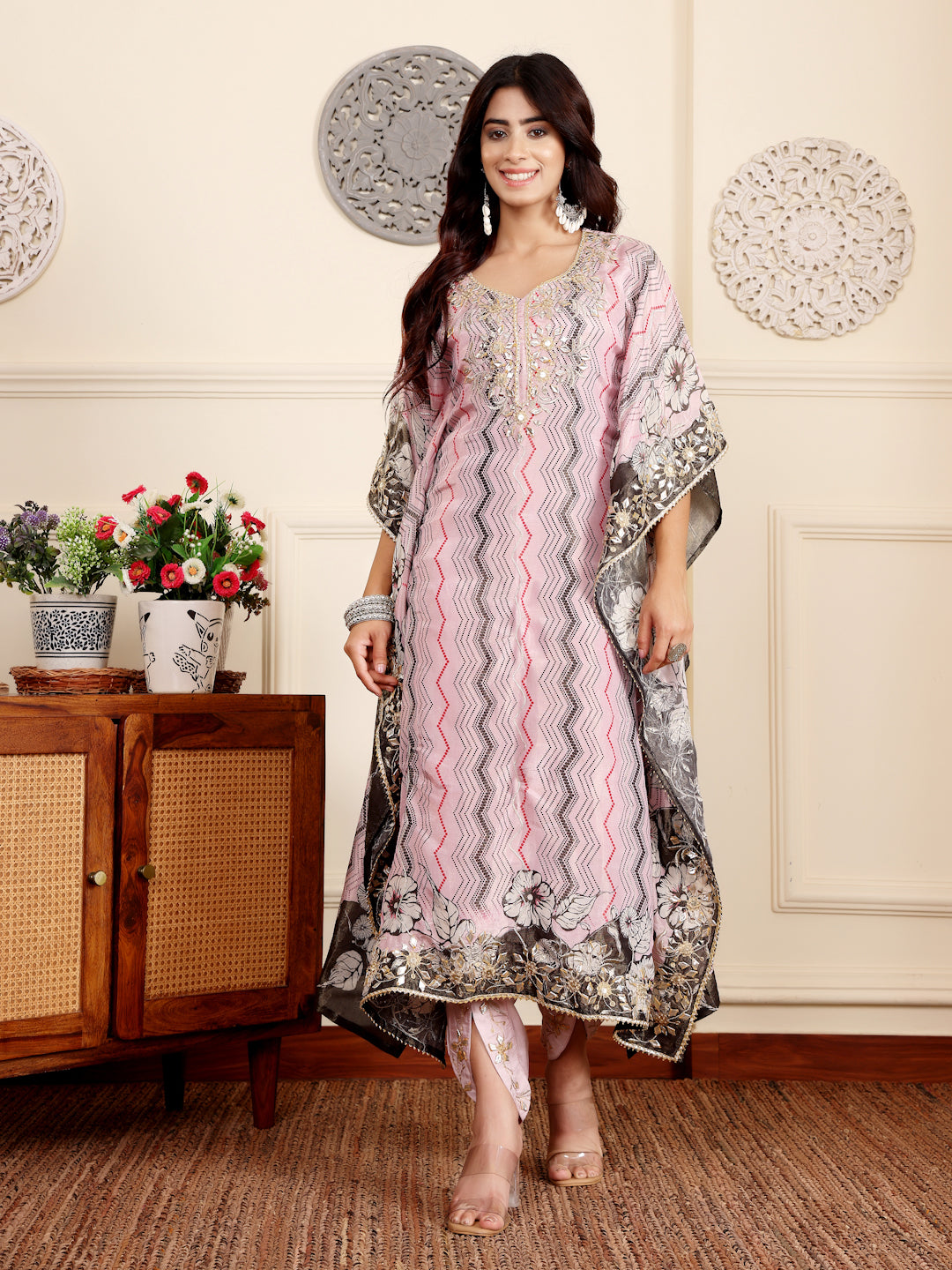 Varanga Women Pink Pure Silk Gotta And Mirror Work Kaftan With Tulip Pants - Distacart