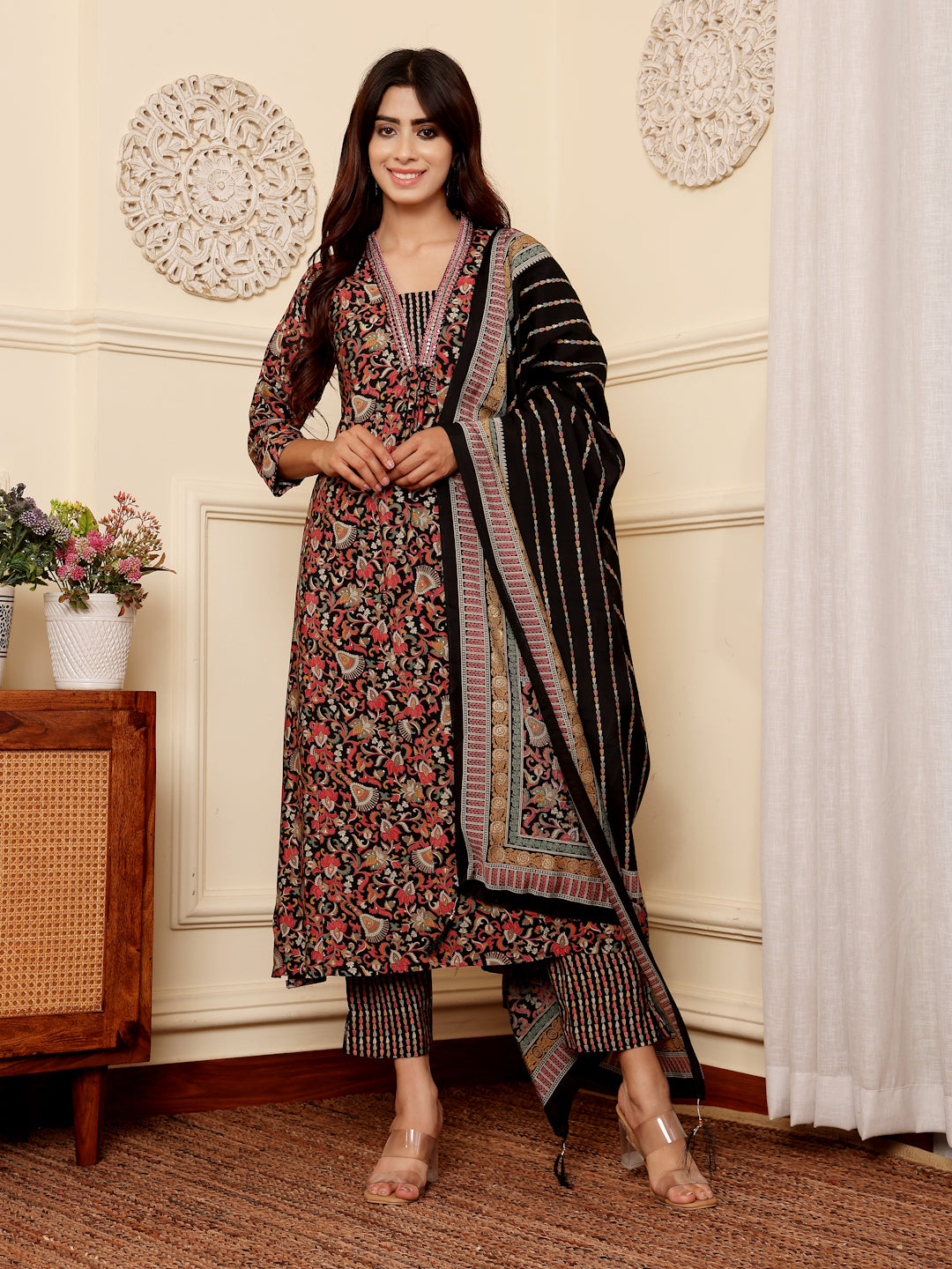 Varanga Women Black Floral Printed Yoke Embroidered Kurta Paired With Bottom And Dupatta - Distacart