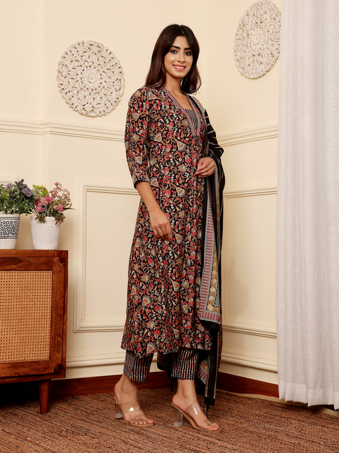 Varanga Women Black Floral Printed Yoke Embroidered Kurta Paired With Bottom And Dupatta - Distacart