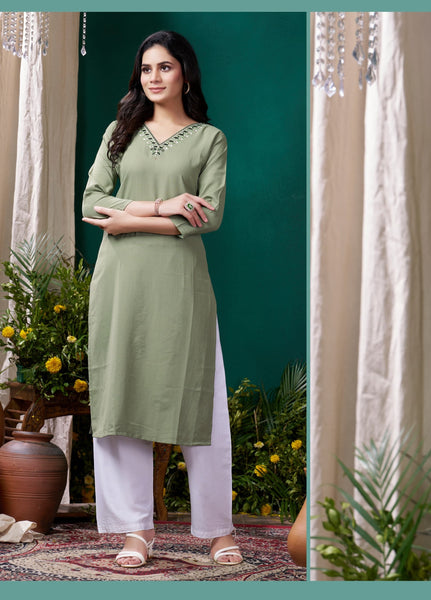 Lyush Women Party Wear Hand Embroidery Worked Kurta With Pant - Mehndi - Distacart