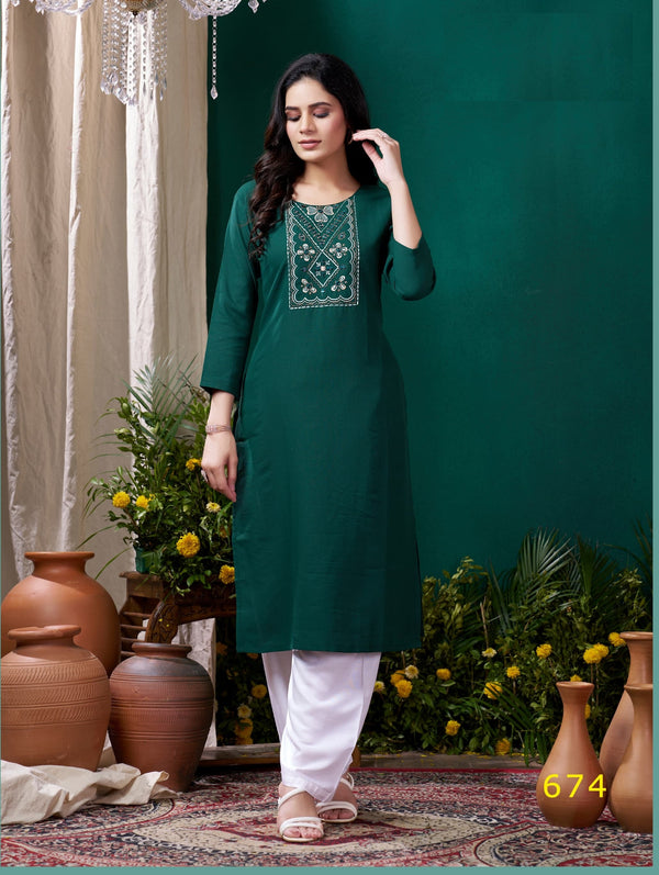Lyush Women Party Wear Hand Embroidery Worked Kurta With Pant - Green - Distacart