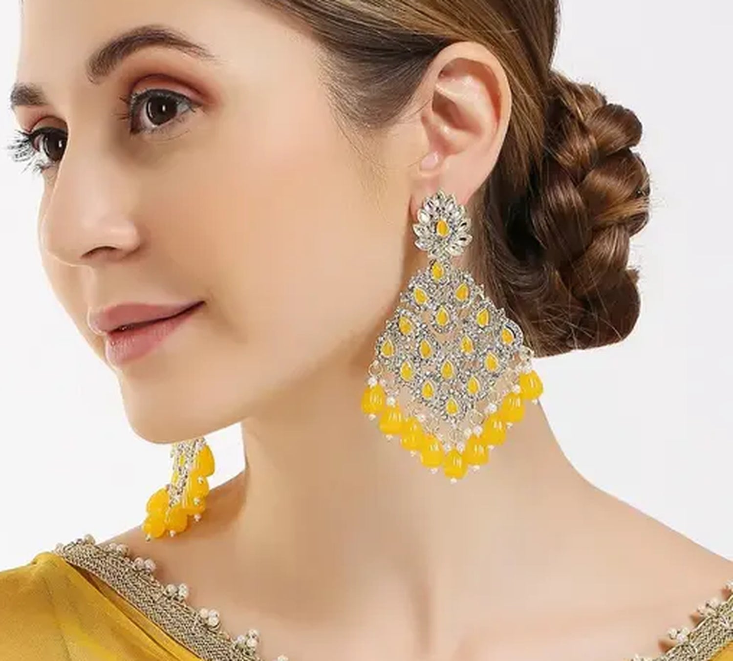 Jewel City Luxurious Yellow Chandelier Earrings - Traditional Indian Statement Jewelry for Wedding & Festival Elegance