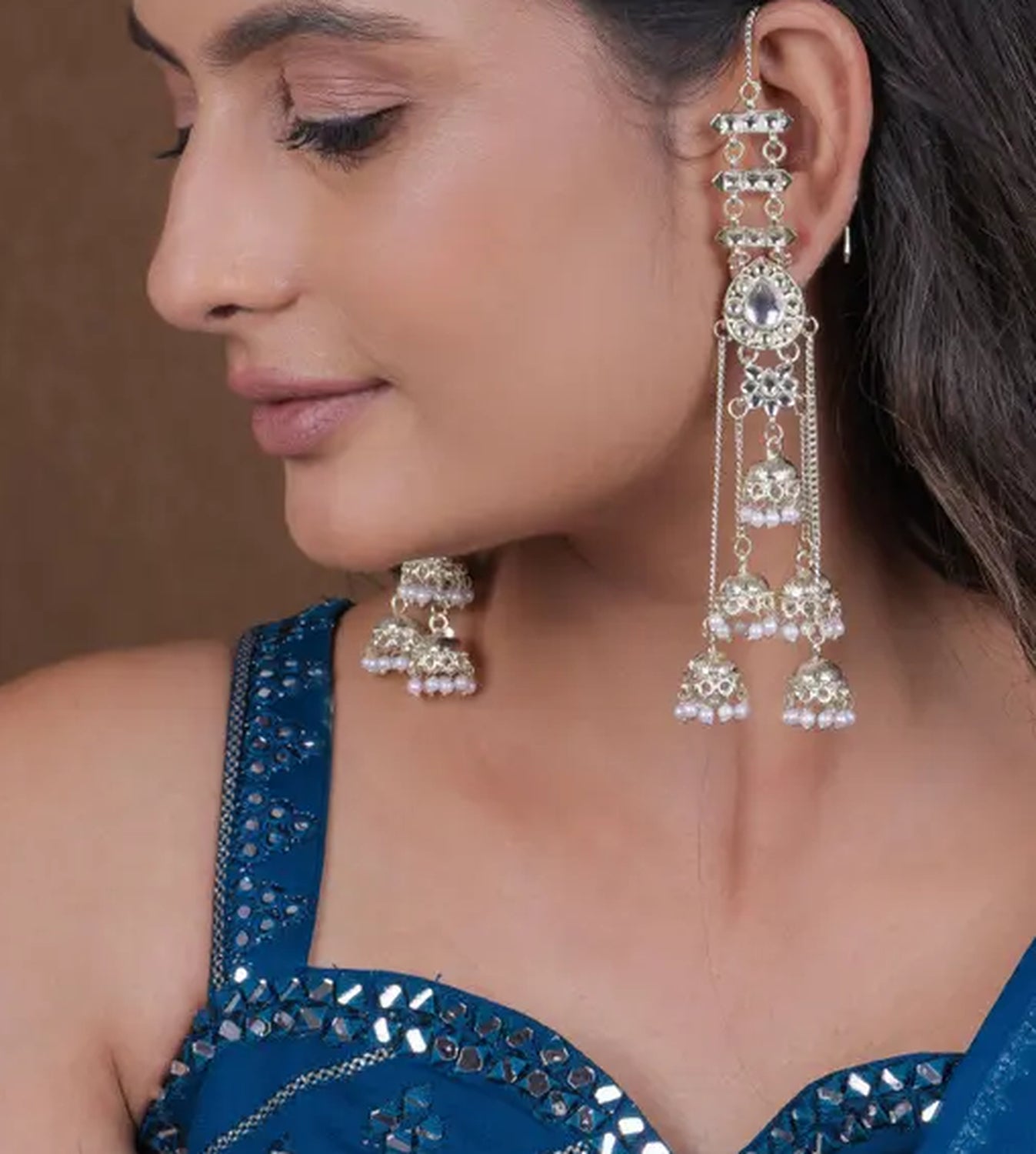 Jewel City Silver Kashmiri Jhumka Earrings - Traditional Pearl Drop Chandelier Earrings for Wedding & Festival Wear