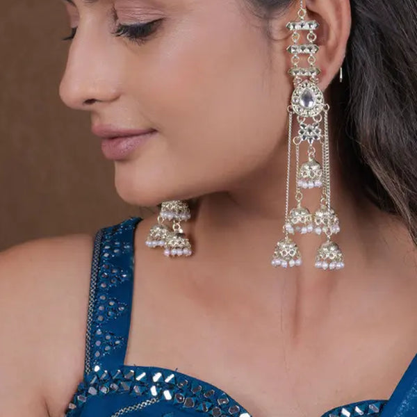 Jewel City Silver Kashmiri Jhumka Earrings - Traditional Pearl Drop Chandelier Earrings for Wedding & Festival Wear