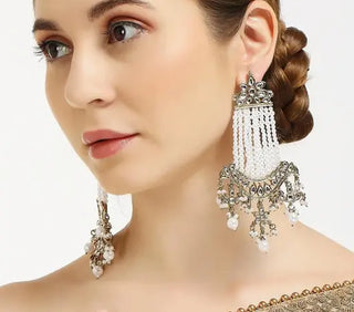 Jewel City Victorian Pearl Tassel Earrings - Vintage-Inspired Silver Chandelier Earrings for Wedding & Festive Wear