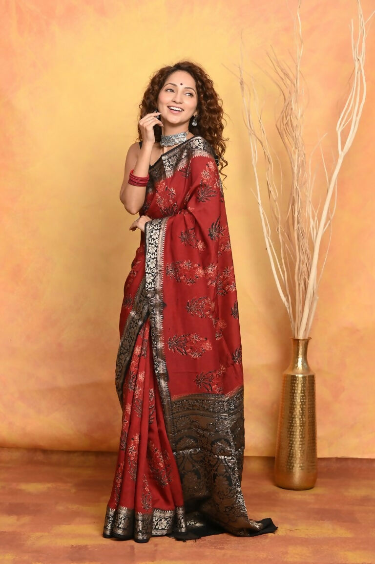 Very Much Indian Modal Silk Ajrakh Handblock Printed Natural Dyes With Designer Border Saree - Red - Distacart