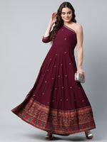 Thumbnail for Ahalyaa Women Burgundy & Gold-Toned Ethnic Motifs One Shoulder Ethnic Maxi Dress - Distacart