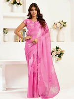 Thumbnail for Joban Fashion Pink Floral Linen Ready To Wear Saree With Unstitched Blouse - Distacart