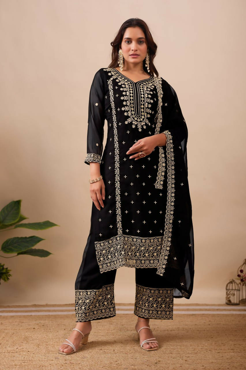 Joban Fashion Black Velvet Embroidery Sequence Work Readymade Kurta Set - Distacart