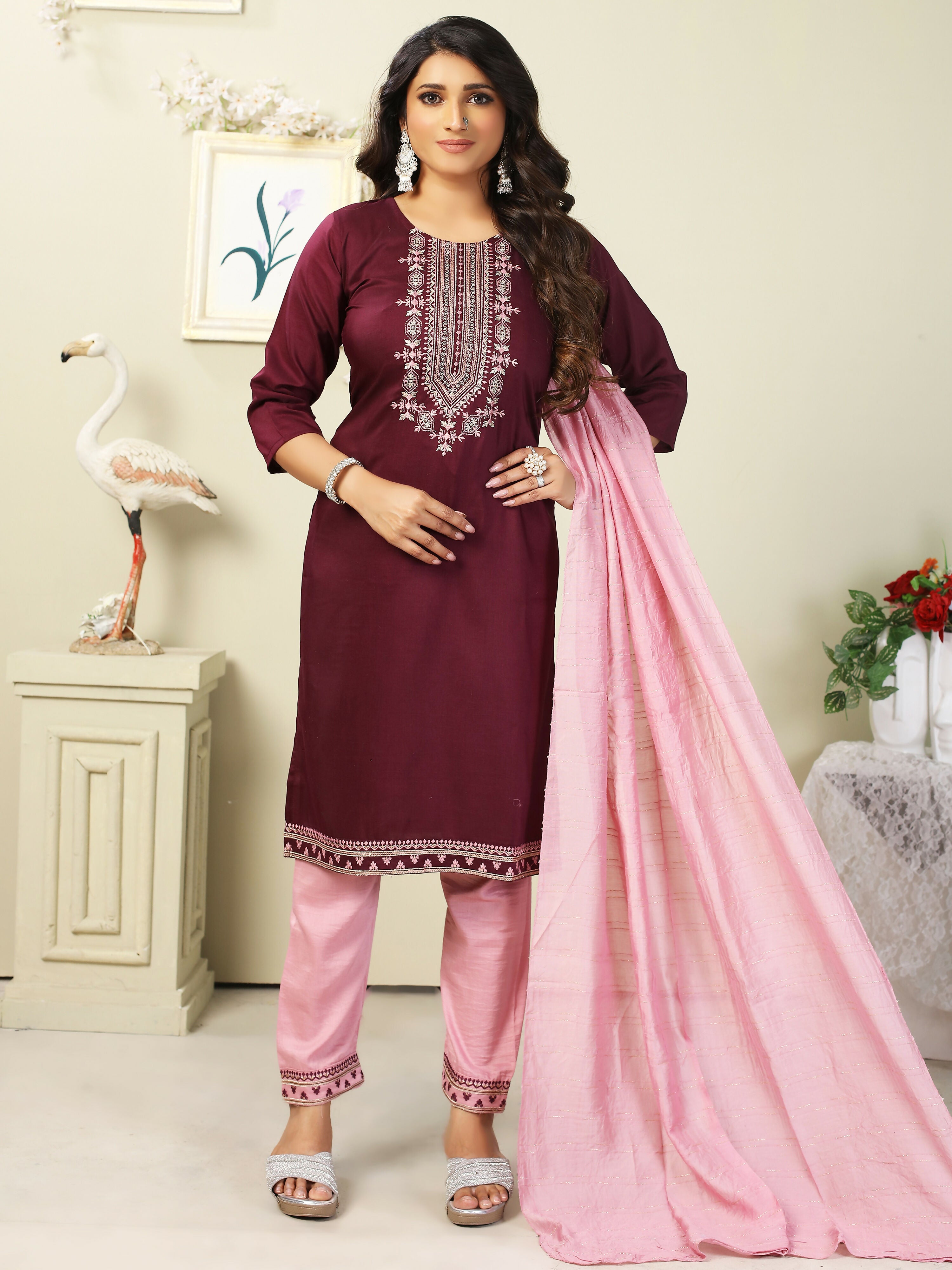 Vamika Chinon Embroidery Mahroon Party Wear/Casual Wear/Office Wear Kurta Set/Suit - Distacart